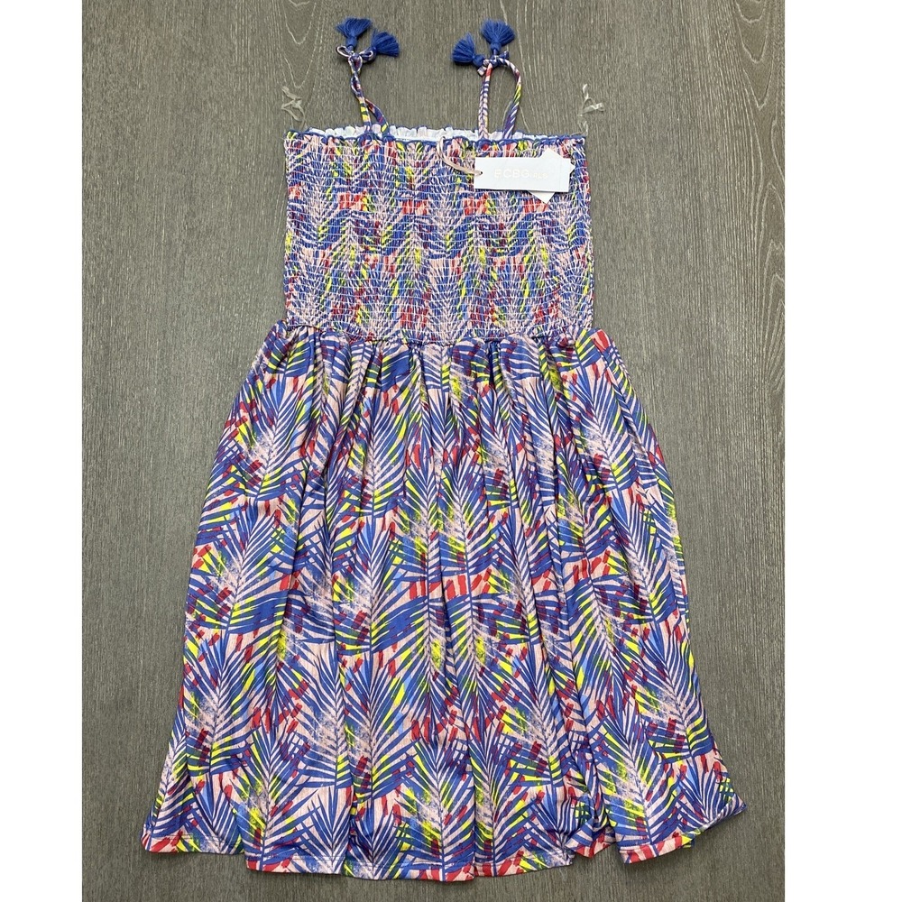 BCBGirls Size 16 Tropical Palm Print Smocked Sundress Tassel Tie Straps NWT